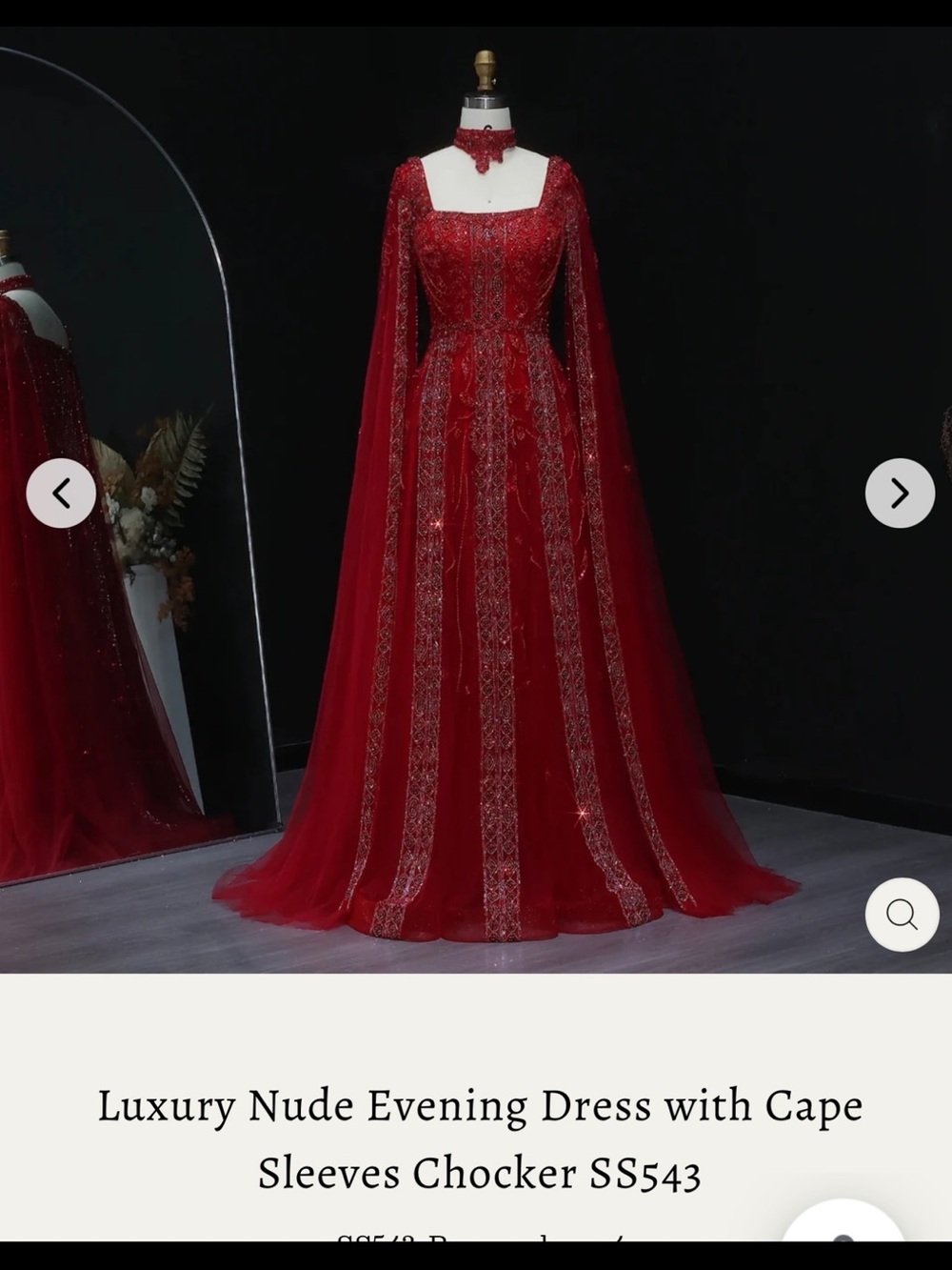 Red Embellished Maxi Gown with Cape Sleeves and Choker